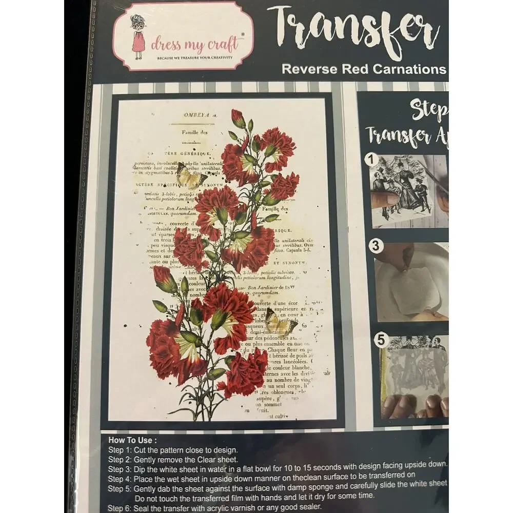 New Sealed Dress My Craft Transfer Me Reverse Red Carnations Dip In Water Script